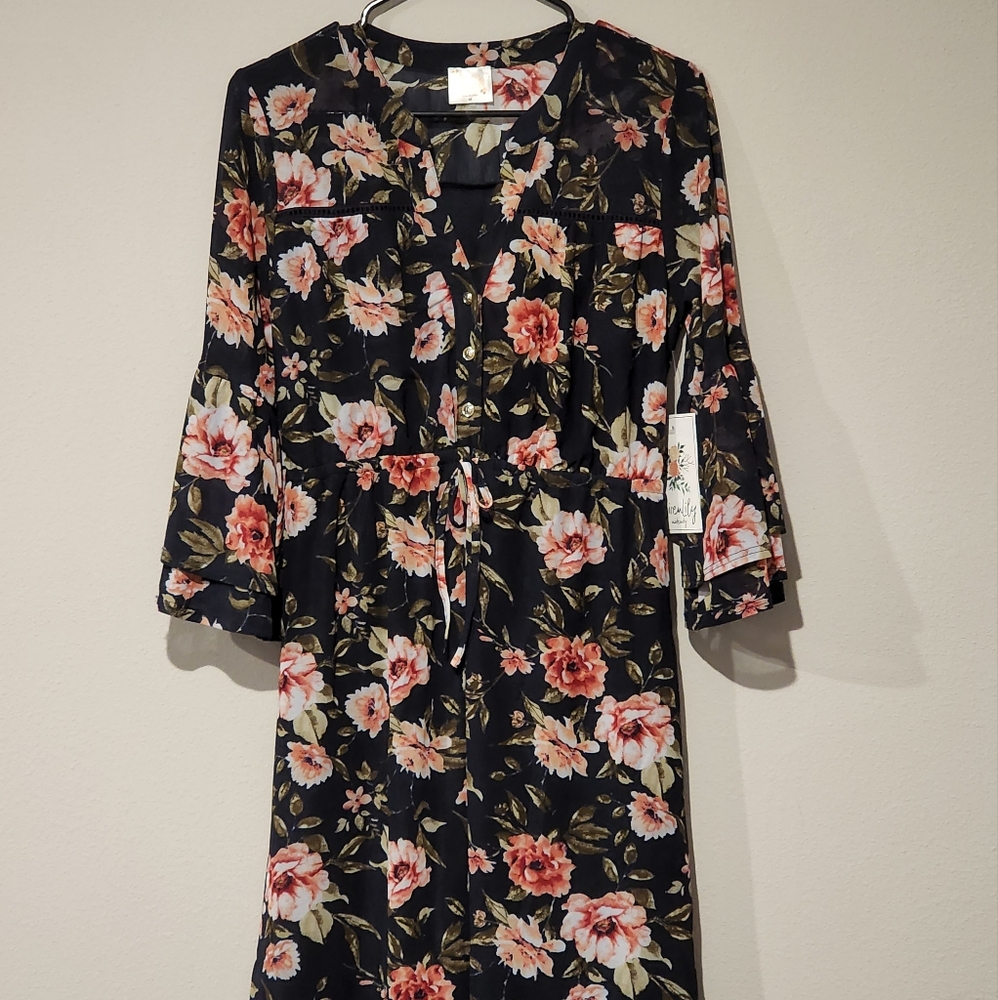 L Maternity Navy Floral Mid Length Dress